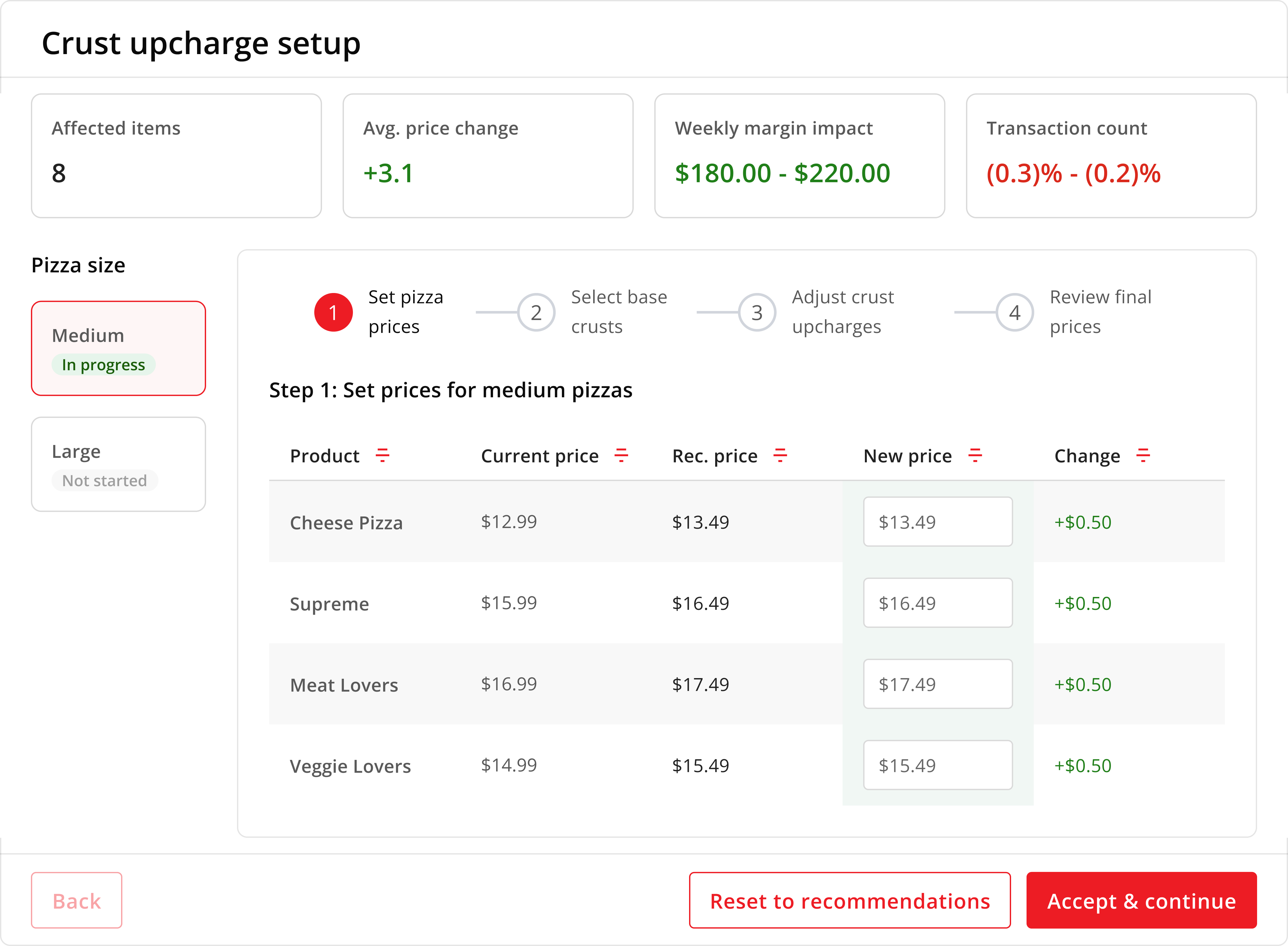 Crust Upcharge Configurator interface