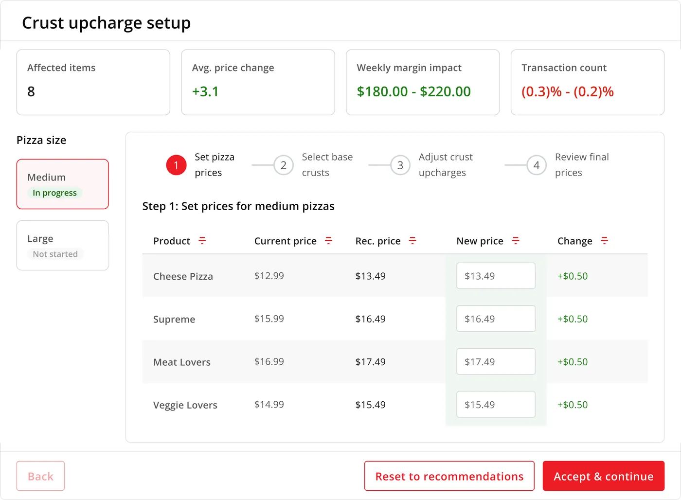 Crust Upcharge Configurator interface